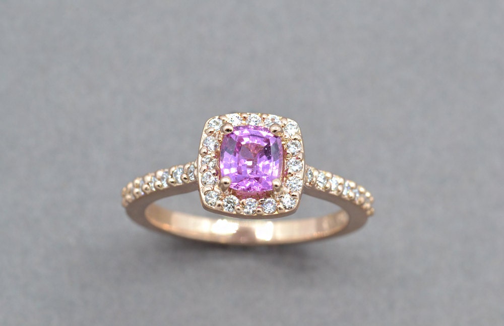 0.83ct Pink Sapphire Engagement Ring, Rose Gold Engagement Ring, Pink Stone Ring, Sapphire and Diamond Ring, Modern Engagement Ring, Cushion