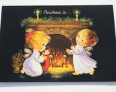 Vintage Unused Christmas Card, Cute Angel Duo Playing In front of fireplace, Christmas Is, Cute Religious Card, Olympicard