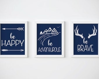 Nursery Wall Art, Set of 4 Prints, Be Happy, Be Brave, Navy Nursery Decor, Printable Wall Art, INSTANT DOWNLOAD, Nursery Print, 8x10, 11x14