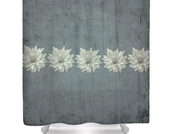 Steely Rustic Shower Curtain,Grey Designer Bathroom Decor,Floral Print,Shabby Chic,Boho chic, Bohemian Style,Dahlia Flower Curtains