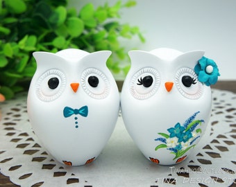 Custom Owl Wedding Cake Toppers For Sale-Vintage Love Bird Wedding Cake Toppers Teal Themed-Groom And Bride Wedding Cake Toppers