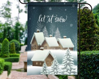 Let it Snow Peaceful Winter Scene Personalized Garden Flag Yard Sign Banner Decor Decoration Personalize with your Family Name