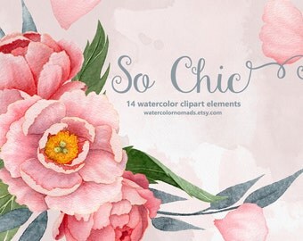 Watercolor flower clipart, Peony, boho wedding stationery graphics, pink flowers, digital watercolour, peonies wreath, floral illustation