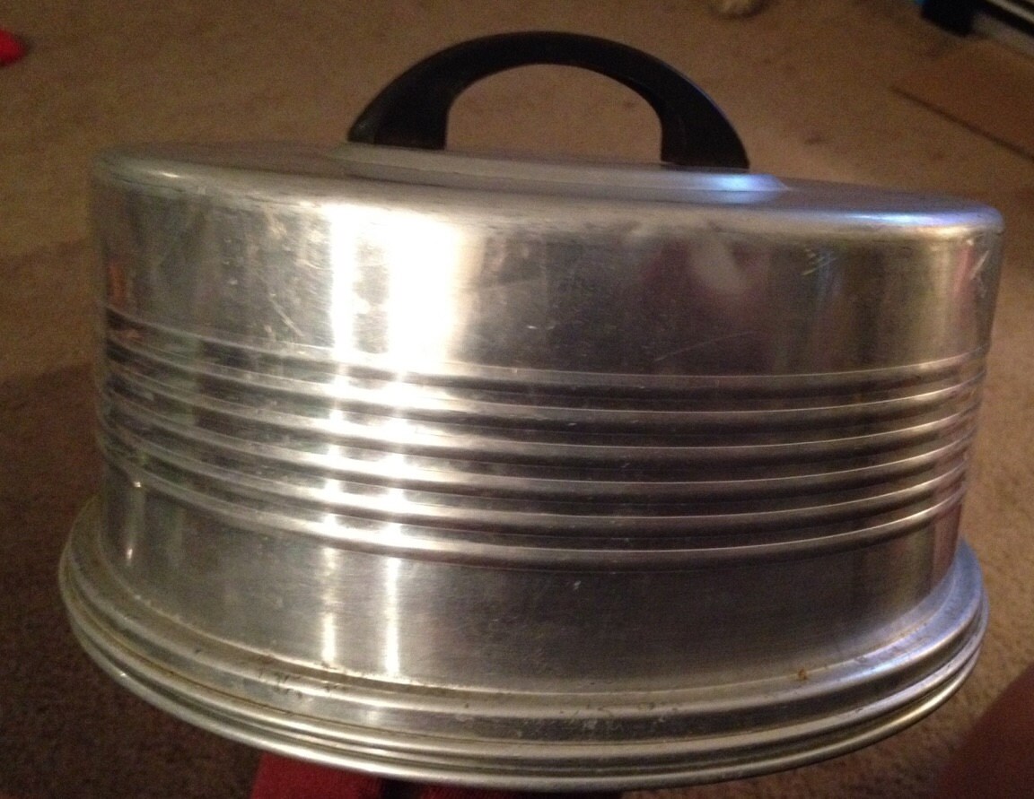 1950s Vacuum Seal Aluminum Cake Carrier with Bakelite Handle Haute Juice