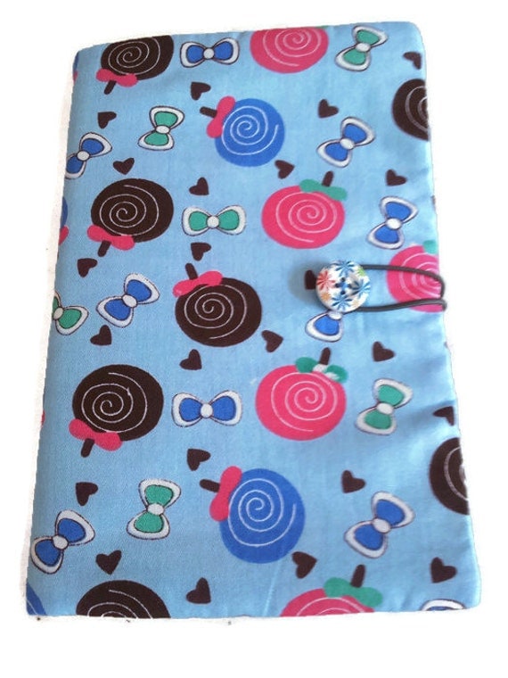 Fabric book cover, cotton book cover, lollypops book cover, blue fabric book cover, pink lillypops