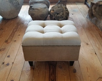 Upholstered. Tufted. Linen and Burlap Ottoman with Nail Head~ Design 59