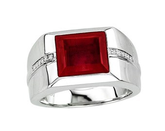 Men's Ruby Ring In Sterling Silver with Genuine Diamonds. Red Signet Ring. Ruby Signet Ring. Red Gemstone Signet Ring for Men Signet Ring