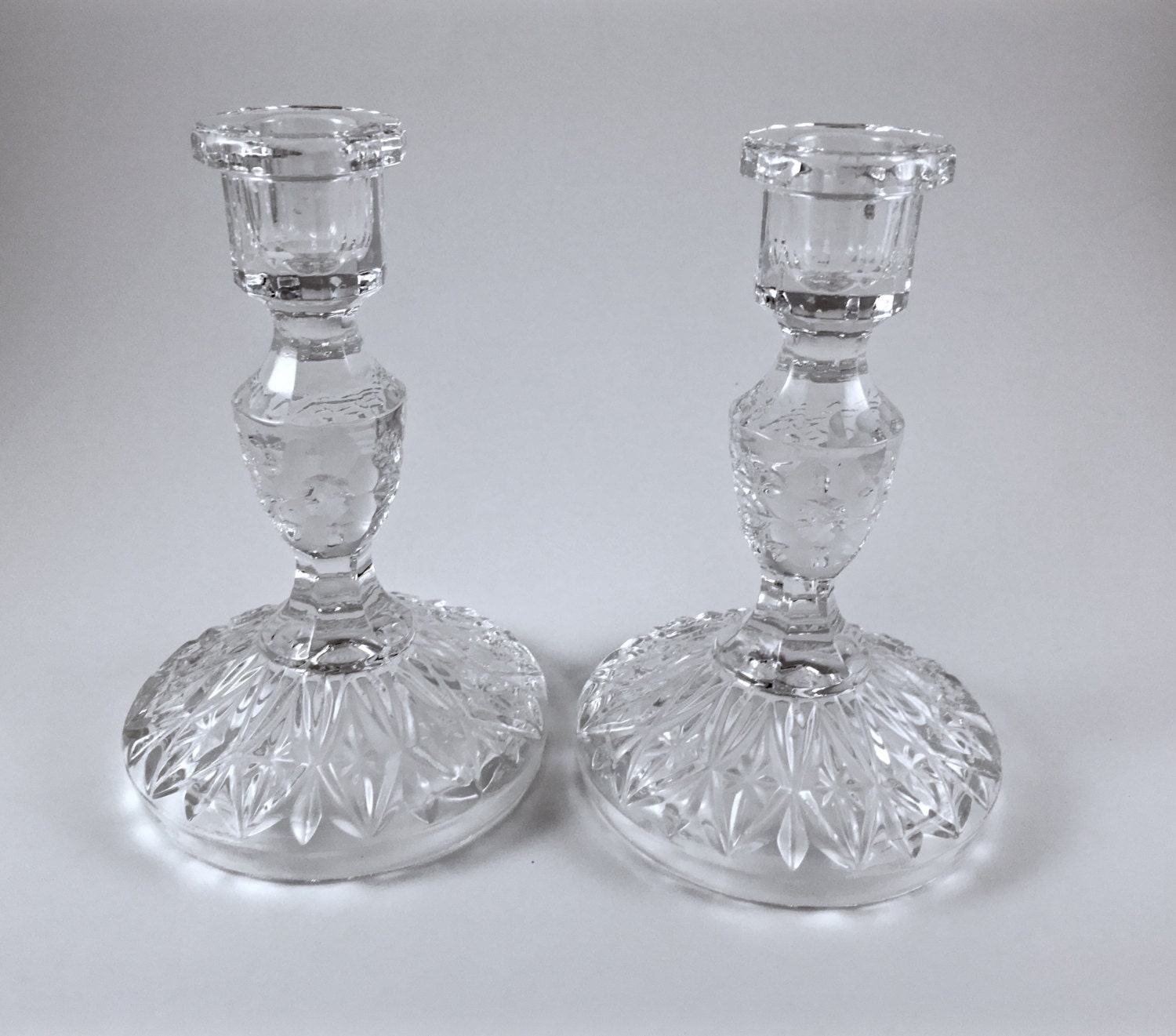 Glass Candlesticks Pressed Glass Etched Glass Vintage Set