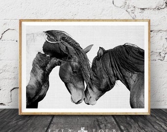 Horse Print, Black and White Photography, Horse Print Wall Art, Wild Horse Photo, Wilderness Print, Equestrian, Printable Art, Two Horses