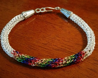 Rainbow & Silver Spiral Viking Knit Bracelet