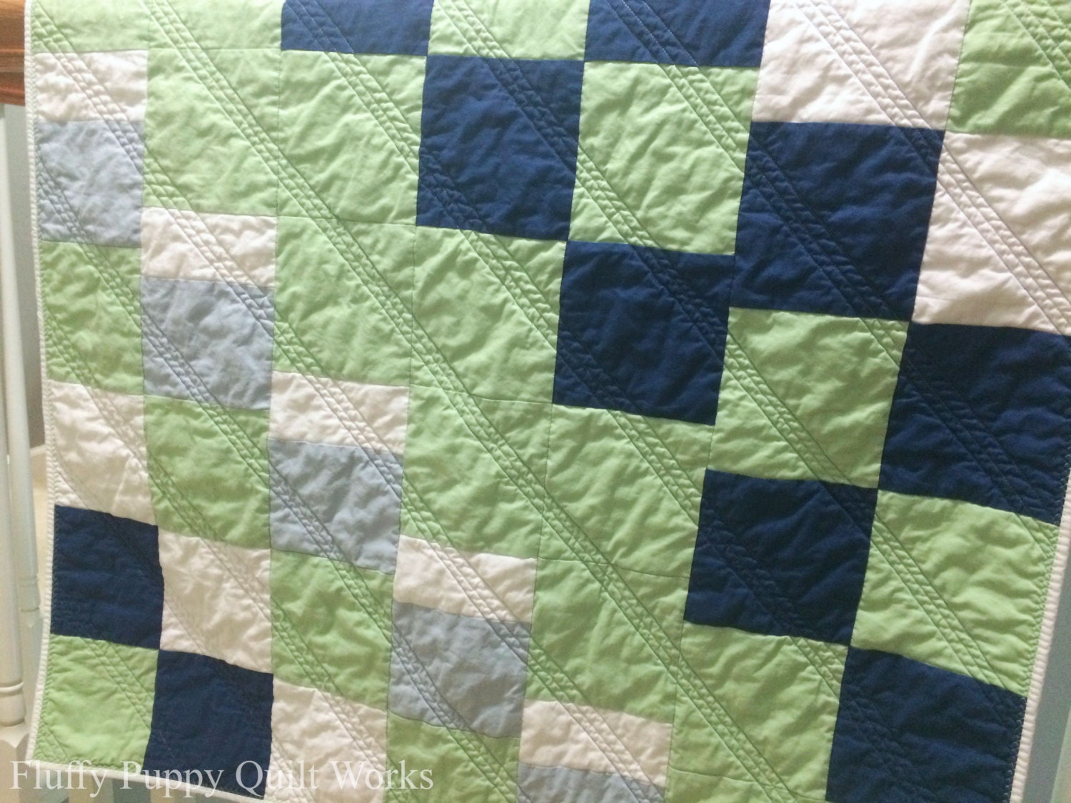 Green Baby Quilt Mint Green and Navy Blue by FluffyPuppyQuilts