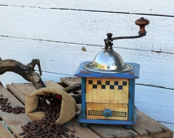 Coffee Mill. Coffee Grinder. Peugeot Freres. Blue Checkered.