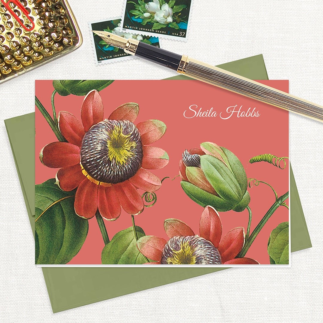personalized stationery set - PASSION FLOWER - set of 8 folded note cards - floral stationary - botanical - tropical flower