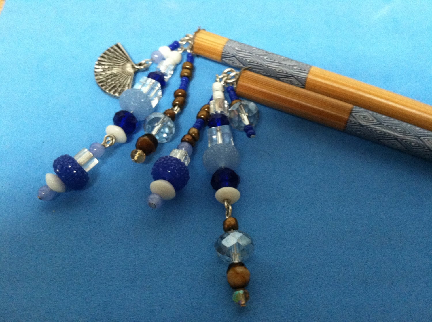 Blue Beaded Hair Chop Sticks Wood Hair Stick Blue White