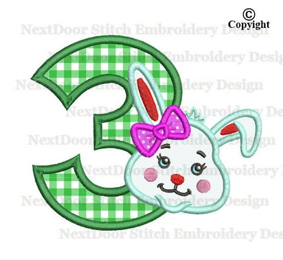 Items similar to Girly Bunny face 3rd birthday applique ...
