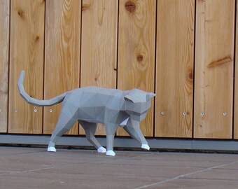 Low poly Curious Cat model printable DIY PDF papercraft template, DIY Paper sculpture