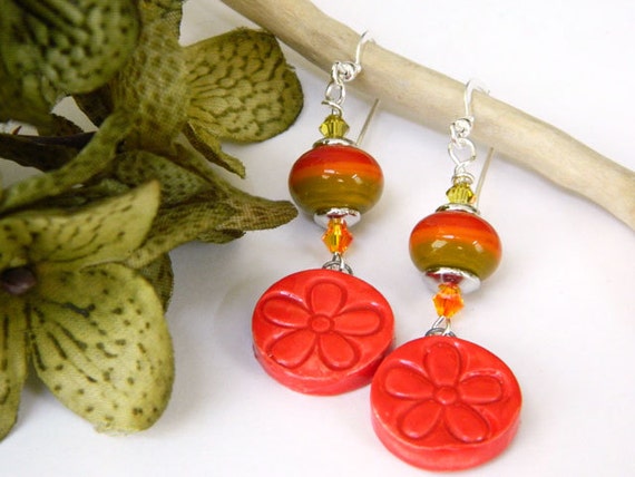 Orange Earrings, Lampwork Earrings, Ceramic Earrings, Handmade Earrings, Handcrafted Jewelry, Flower Earrings, Artisan Made, Fun Earrings