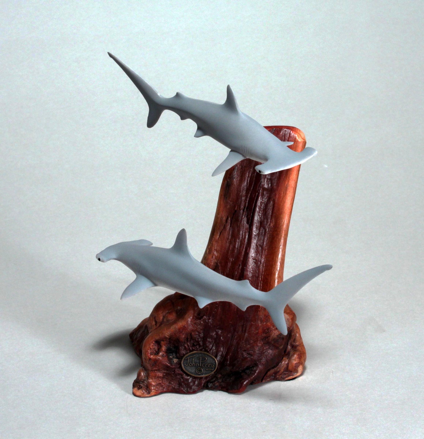 Hammerhead Shark Duo Sculpture New Direct by John Perry 8in