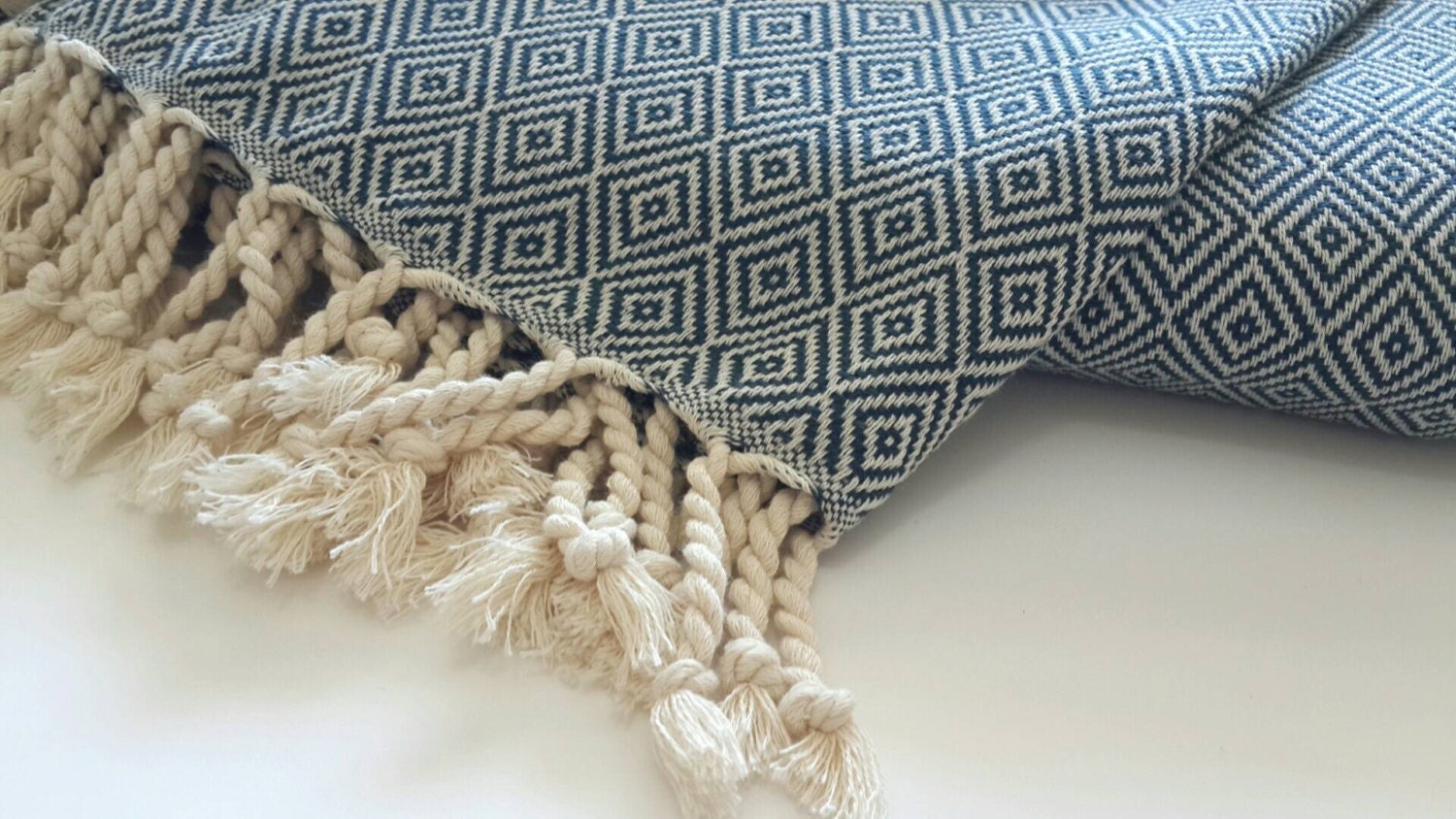 Diamond fringe throw blanket Dark Teal Fringed blanket