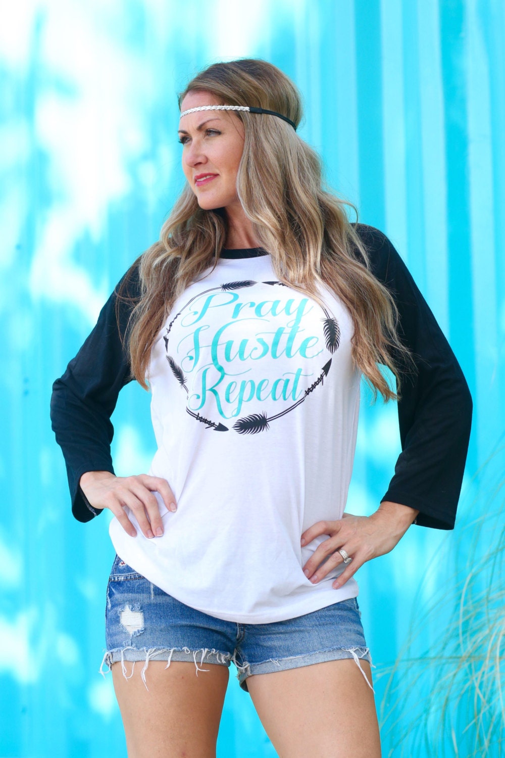 Pray hustle repeat womens baseball tee