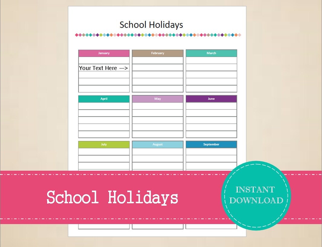School Holidays Printable and Editable School Organizer