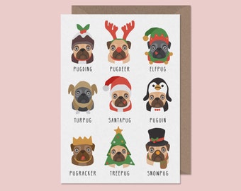 Christmas Pug Card. Pug Christmas Card. Turpug. Puguin. Pugding.Funny xmas card. christmas cards. Pug pun cards