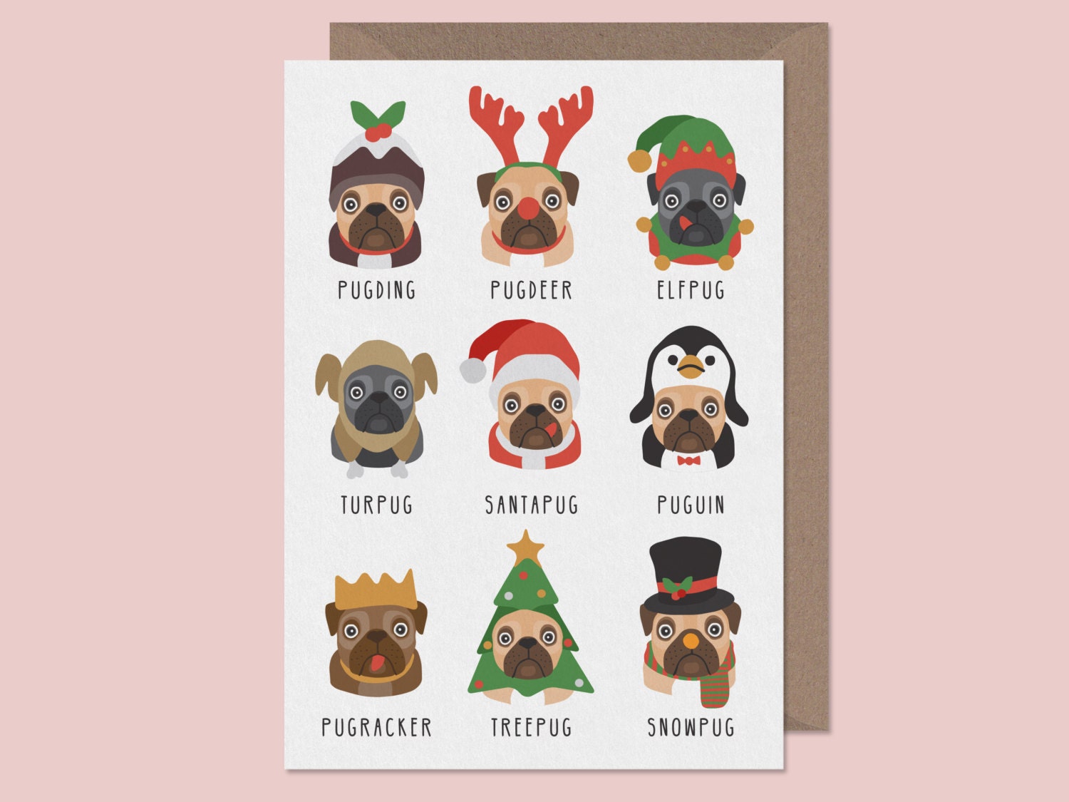 Christmas Pug Card. Pug Christmas Card. Turpug. Puguin.