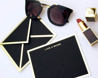 Like a Boss Black Stationery Card with Metallic Gold Bordered Envelope