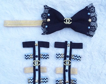 Inspired chanel set/ baby gladiators /barefoot sandals / gladiators / chanel baby /black white and gold set