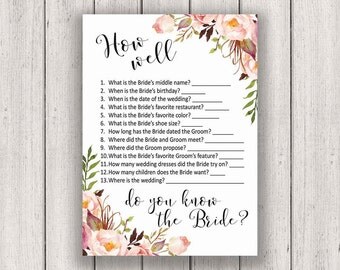 BRIDAL SHOWER GAME, How Well Do You Know the Bride, Printable Bridal Shower Games, Boho Chic Bridal Party Game, Printable Game Card, diy