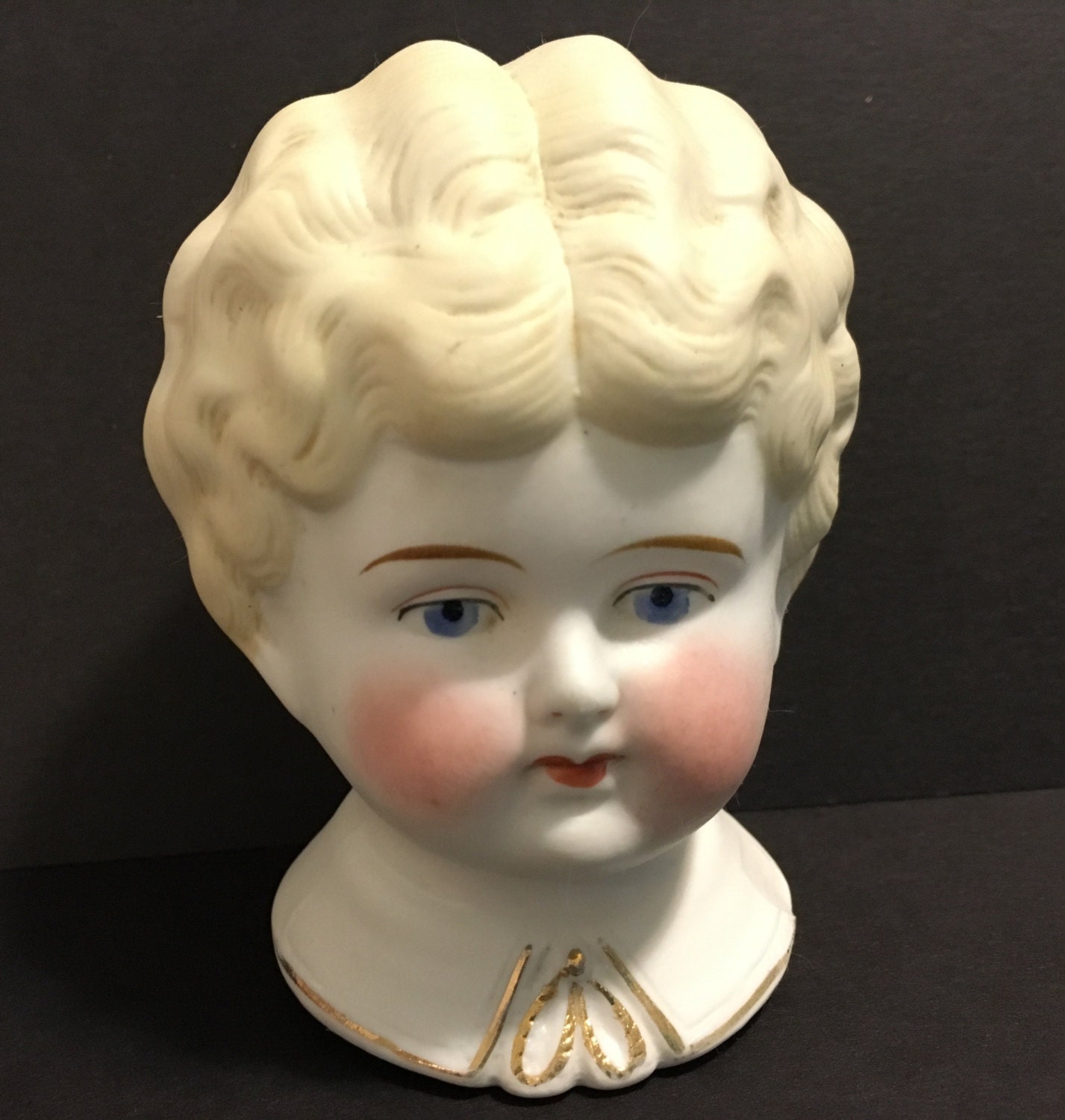 Vintage Bisque Doll Head Porcelain Painted Blue Eyes by