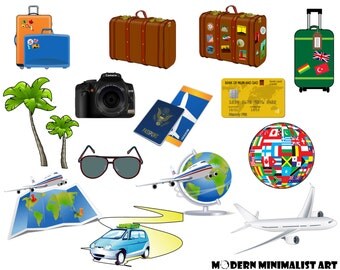 14 PNGS, Travel, Travel Clipart, Suitcase, Vacation Clipart, Travel Icons, Passport, Scrapbooking, Luggage Clipart, World Traveler, Plane