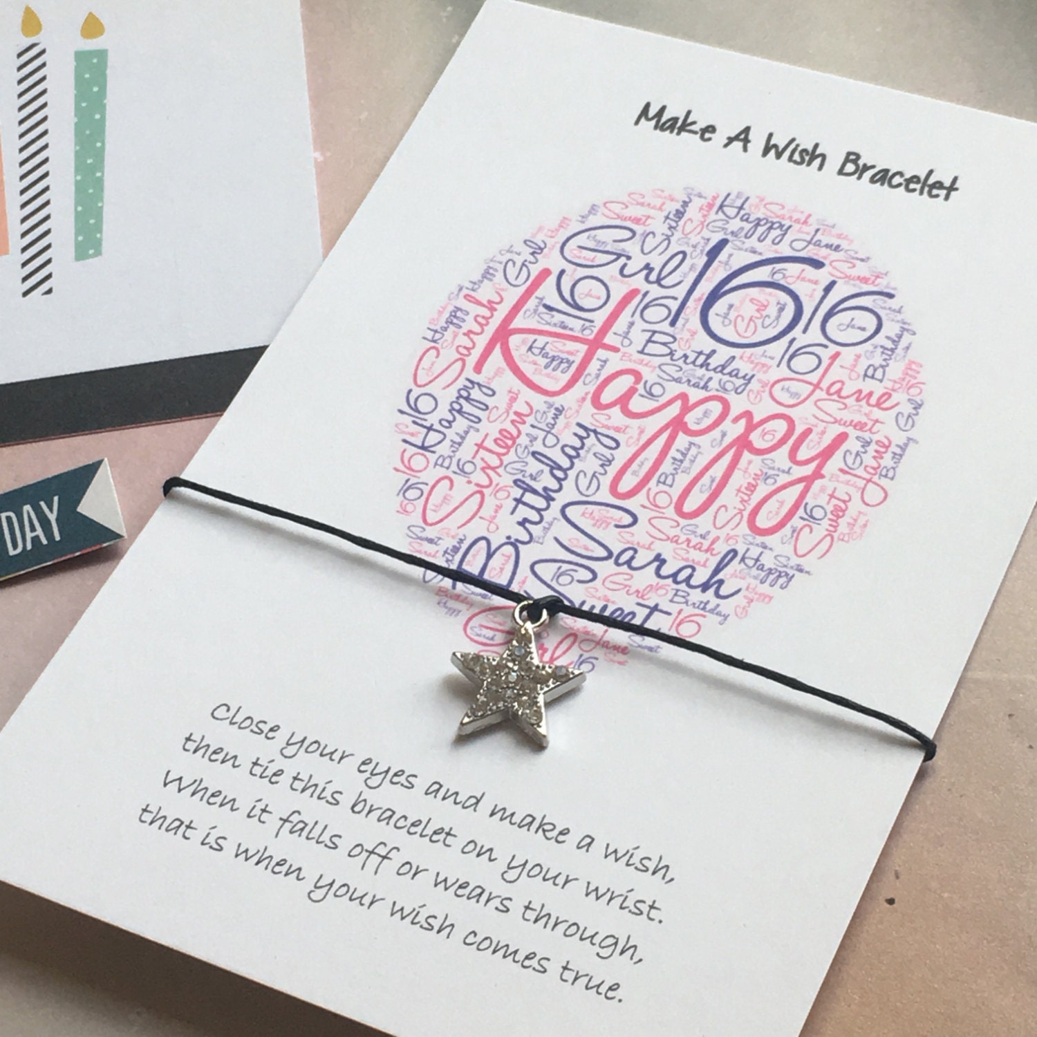 Make a Wish Bracelet / Charm Bracelet -  Personalised Print - Sweet Sixteen