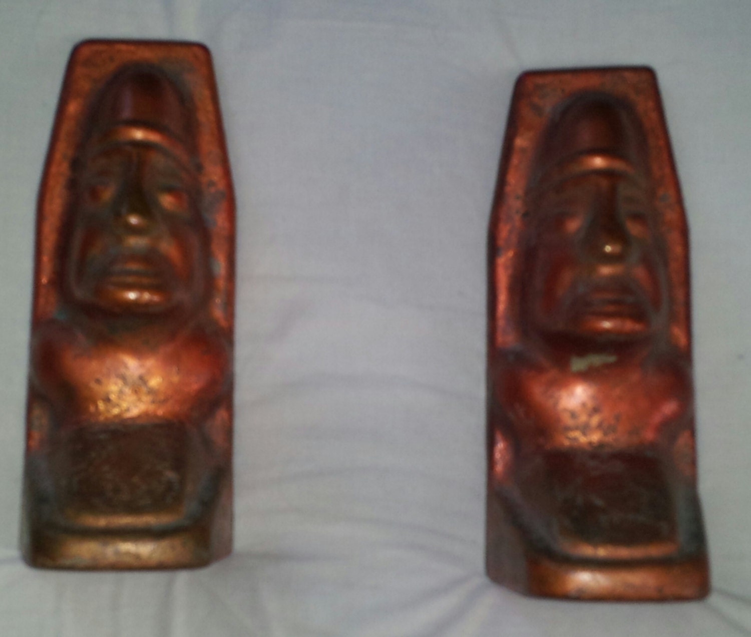 Vintage COPPER BOOKENDS Easter Island Head form