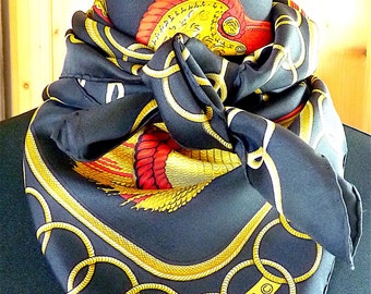 HERMES Scarf, BLack, Gold tone, Red, Vintage 1975, Entitled Epaulettes, Design Cathy Latham, HERMES Paris France, Gift Idea, Free Shipping