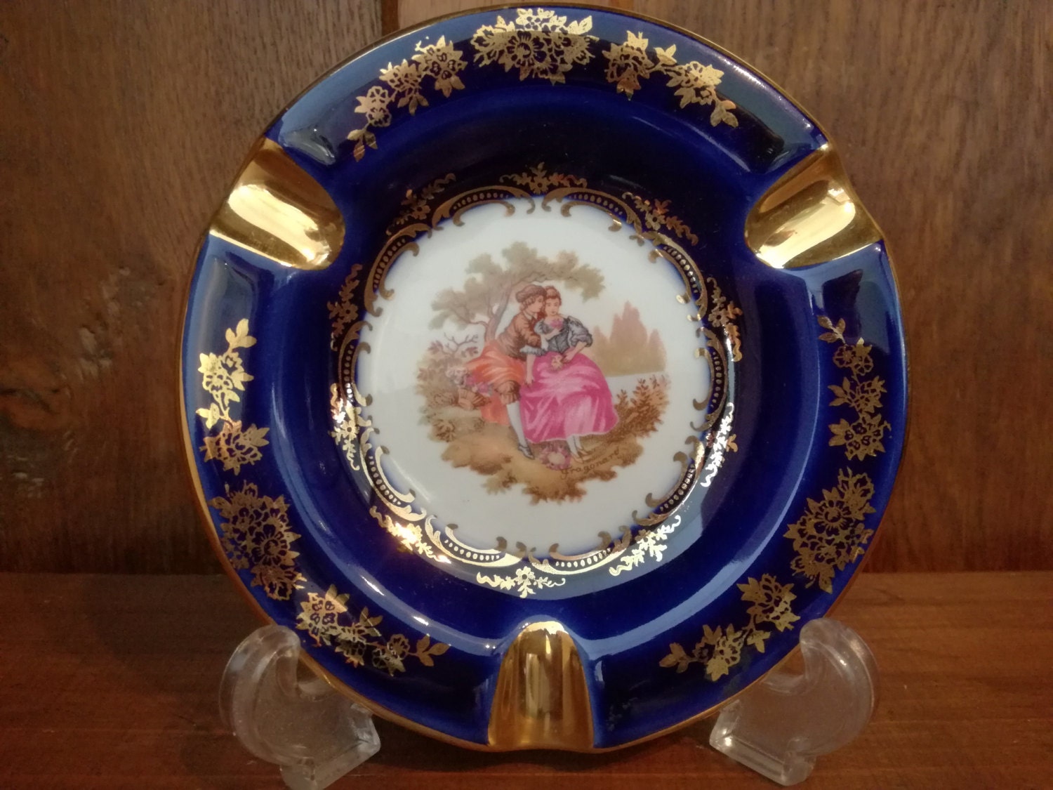 Limoges Ashtray Hand painted Gilt porcelain Cobalt Blue Gold