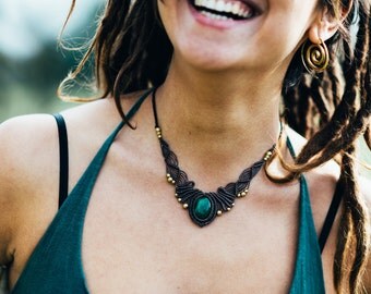 Malachite Macrame necklace with brass beads, Wedding necklace, festival necklace, tribal hippie bohemian primitive gypsy earthy, Burning man