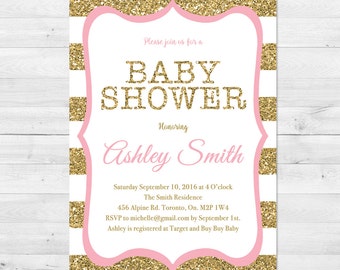 Baby Shower Invitation Girl, Pink And Gold Baby Shower Invitation, Sparkle, Glitter, Stripes, Pink And Gold