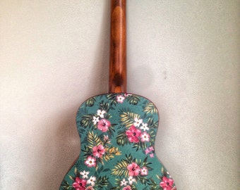 Ukulele sticker, vinyl decal sticker of vintage Hawaiin hibiscus flower and palm design. Vinyl sticker ukulele decor. Colourful design for a