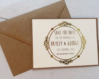 guardar la fecha, hoja de oro, boho de invitación de boda, invitación de la boda rústica, boda rústica elegante invitación, bohemio