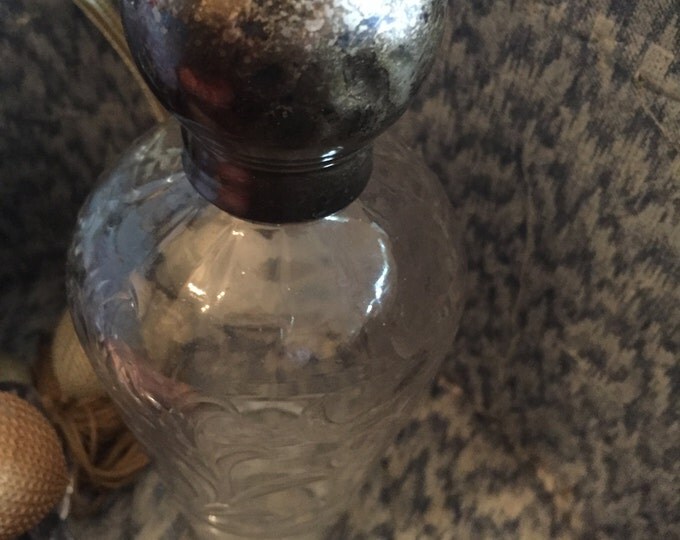 Perfume Rosewater Bottle. Silver Lidded Large Perfume Bottle. Engraved Glass, Silver Stamped England. Women's Vanity Bottle, Dressing Table.