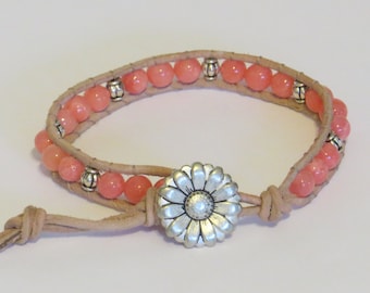 E-1713 Coral and silver leather wrap bracelet