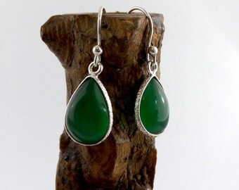 Items similar to Green Earring On Hammered Sterling Silver Hoops ...