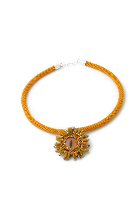 Mustard yellow Necklace Beadwork eye necklace Seed Bead