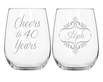 40th Birthday Gifts for Women, Two Sided Wine Glass, Cheers to 40 Years Personalized Birthday Gift, Etched Wine Glass, Stemless or Stemmed