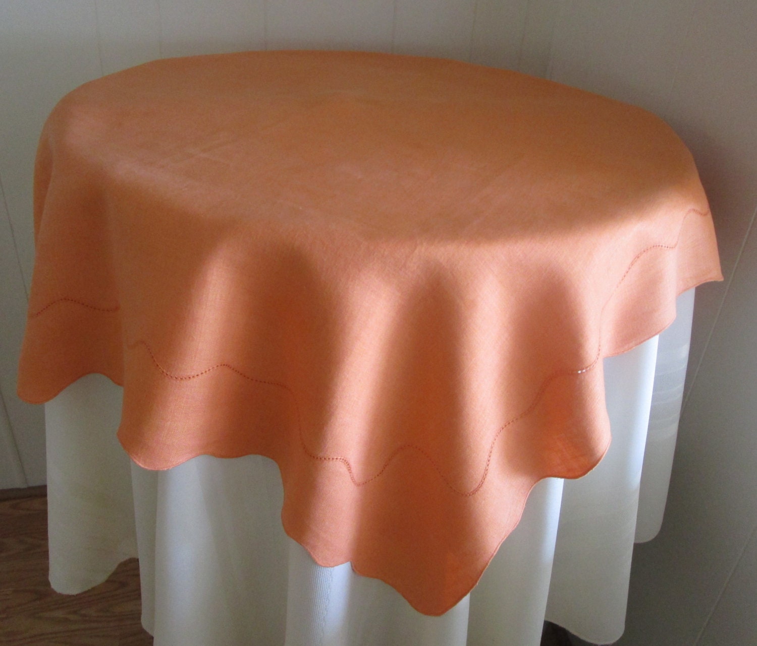 SALE Tablecloth Orange Linen Scalloped Edge Retro