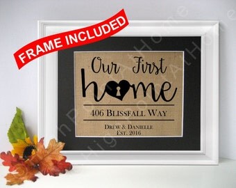 First Home - Personalized Family Name Sign WITH FRAME - Burlap Housewarming Print - Burlap First Home Gift- New Home - House Warming Gift