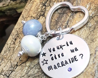 Hand Stamped Veux-tu être ma Marraine?, Personalised French Godmother Keyring