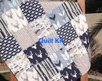 Woodland Quilt Kit, Woodland Nursery Bedding, Grey and Navy Quilt Kit, Deer Quilt Kit- QK-1