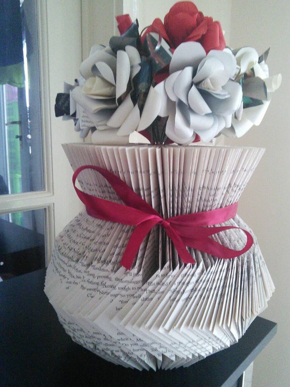 Vase made from a folded book and decorated with paper roses